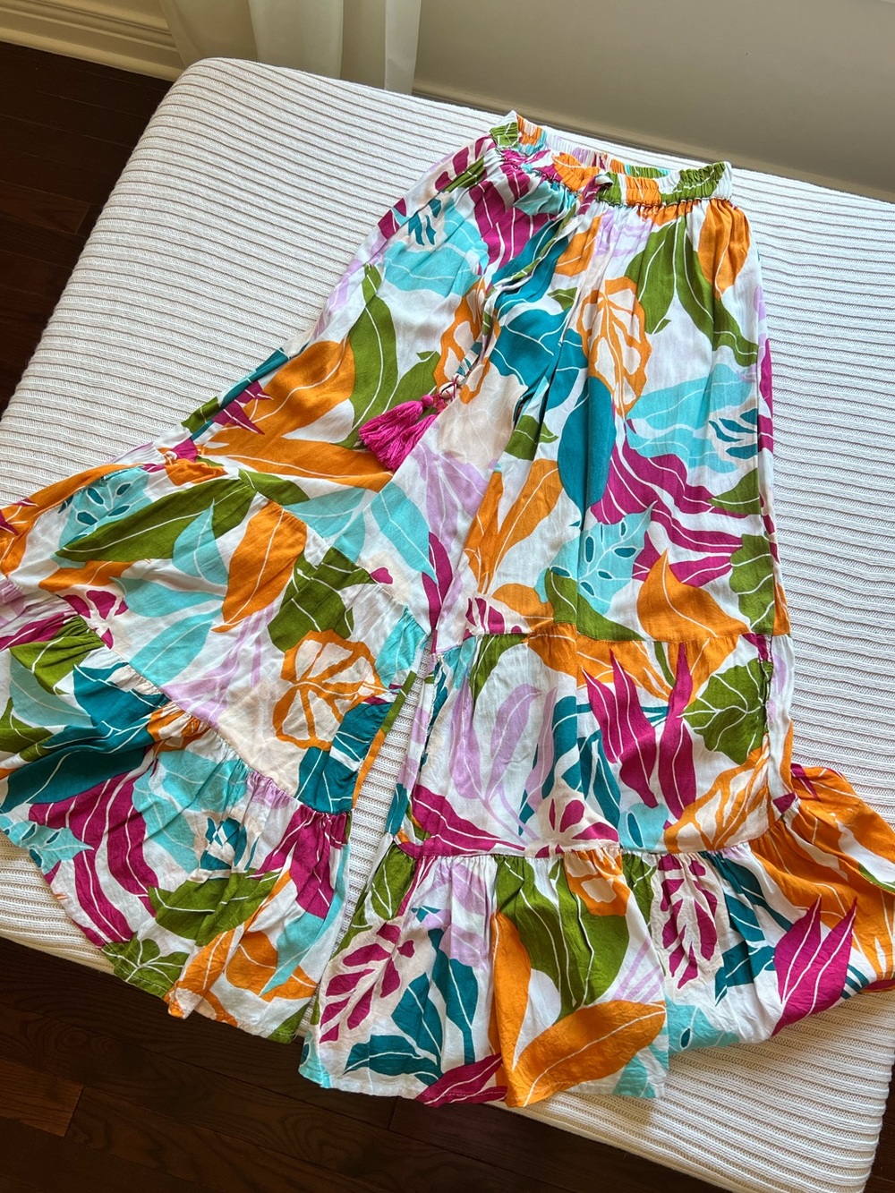 Tropical Palm Print Wide Leg Tiered Beach Pants Rayon Shell Tassel Boho Resort